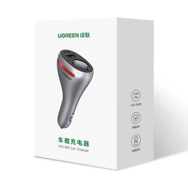 UGREEN CAR CHARGER WITH DUAL USB PORTS SINGLE EXTENSION SOCKET PD 20W 60712