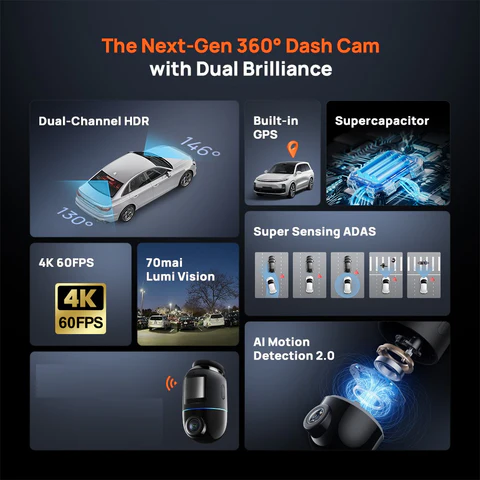 70MAI DASH CAM 4K OMNI FRONT AND REAR HDR SET CAMERA BLACK GRAY X800 thumbnail 7