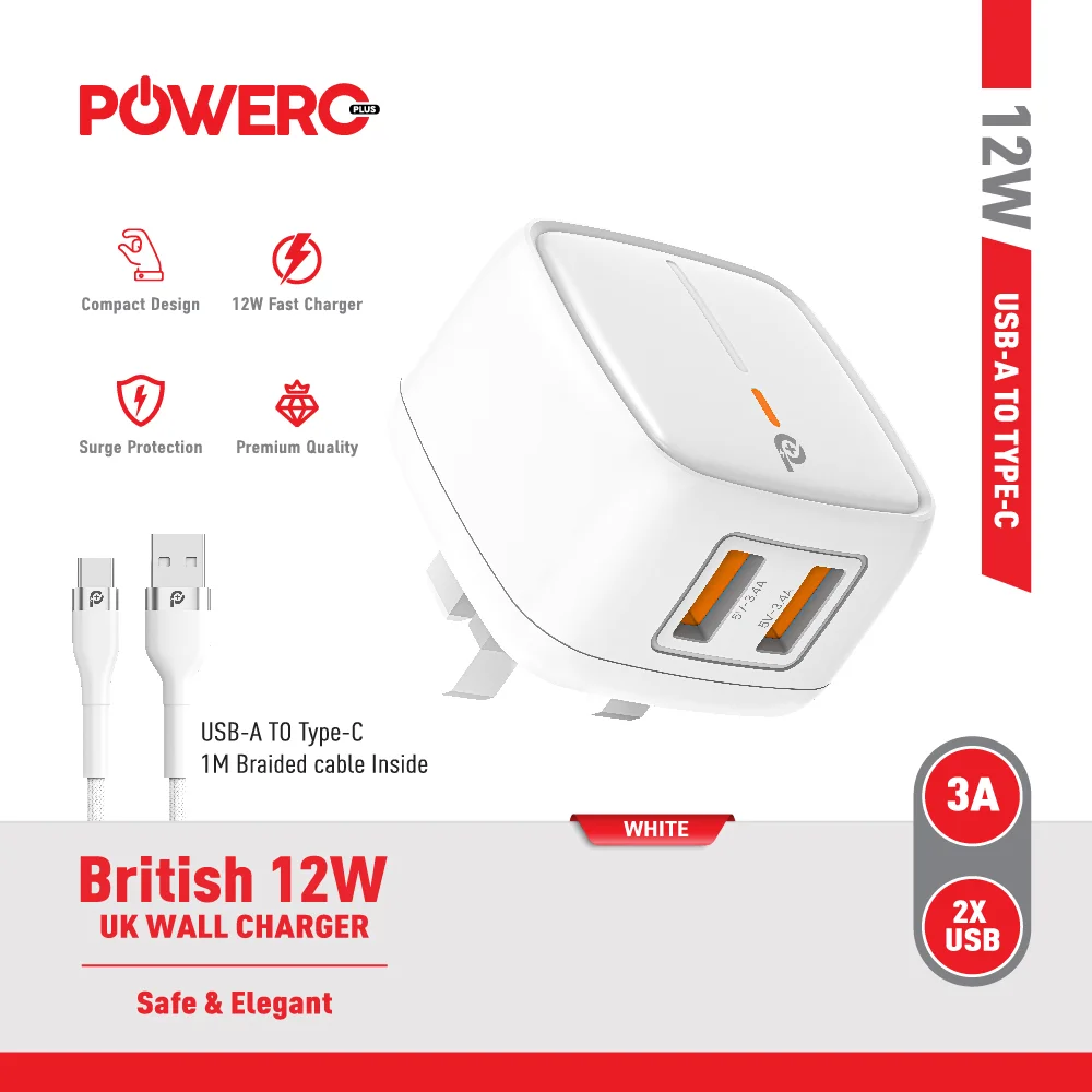 POWERO PLUS 20W BRITISH UK WALL CHARGER WITH USB C TO USB C CABLE WHITE PR-TCP20UKCC-WH thumbnail 4
