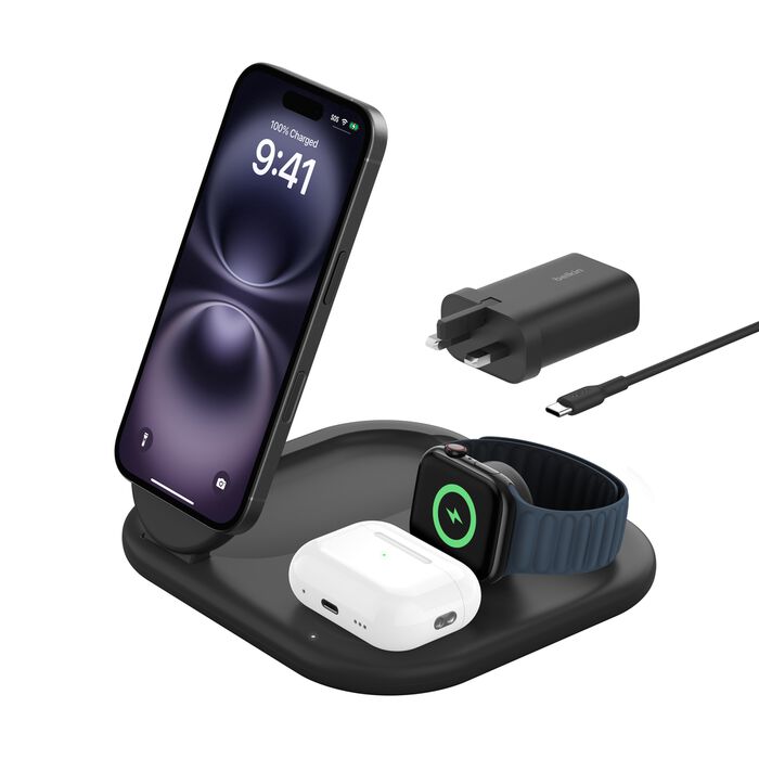 BELKIN BOOST CHARGE 3 IN 1 MAGNETIC FOLDABLE CHARGER 15W WITH STAND BLACK WIZ029MYBK