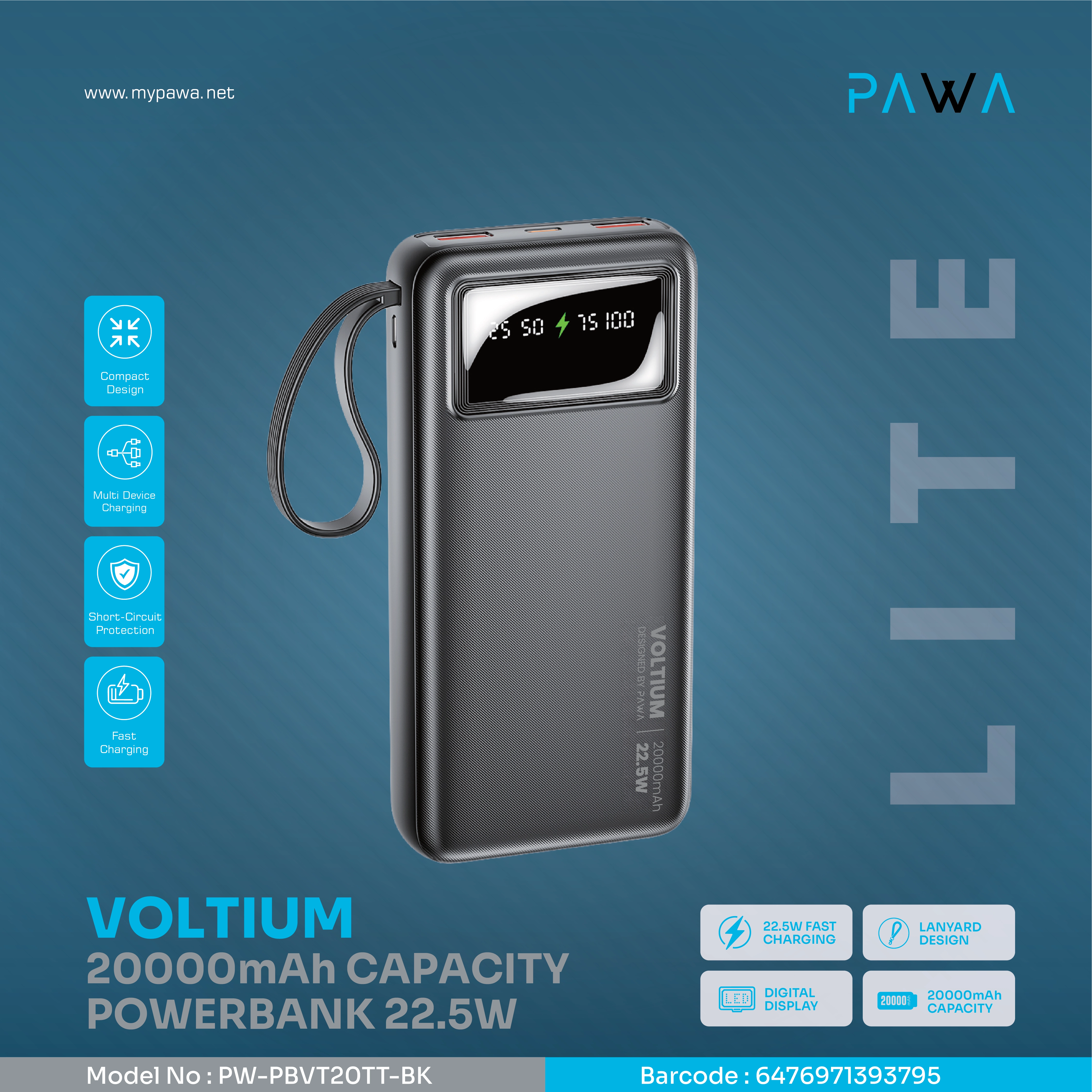 PAWA LITE VOLTIUM 20000MAH CAPACITY POWER BANK 22.5W BLACK PW-PBVT20TT-BK thumbnail 4