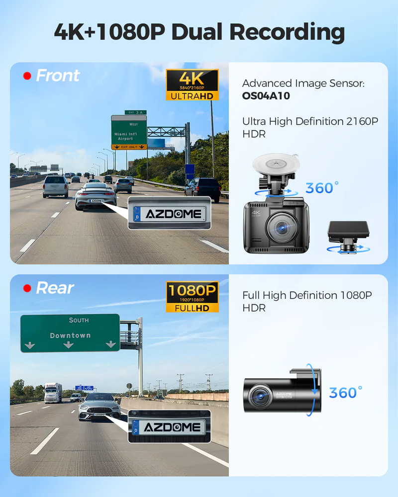 AZDOME Front and Rear Dash Camera Kit with 4K, Super Night Vision, 128GB eMMC - GS63 Pro thumbnail 7