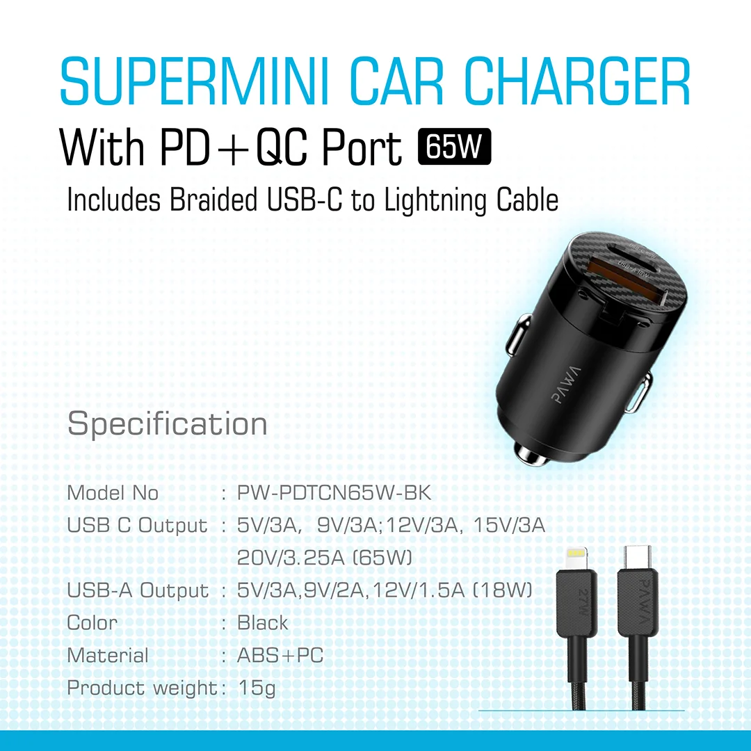 PAWA SUPERMINI CAR CHARGER WITH PD+QC PORT 65W BLACK PW-PDTCN65W-BK thumbnail 2