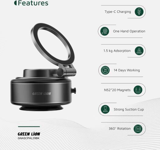 GREEN LION AUTO SUCTION PHONE HOLDER MATTE BLACK GX-29 GNASCPHL29BK thumbnail 4