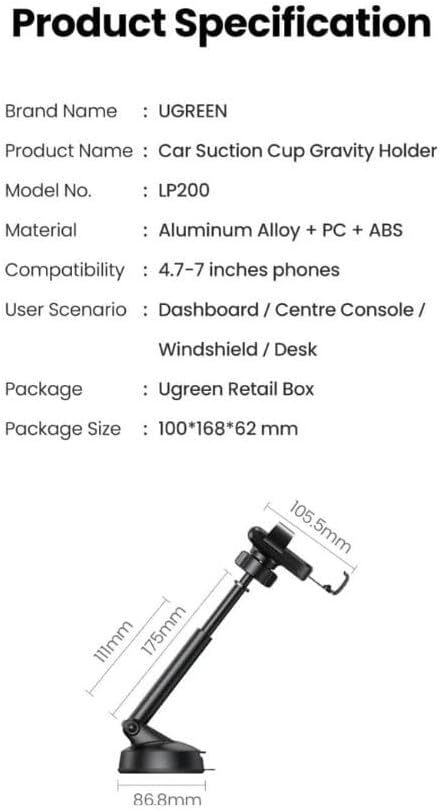 UGREEN GRAVITY PHONE HOLDER WITH SUCTION CUP BLACK 60990 thumbnail 8