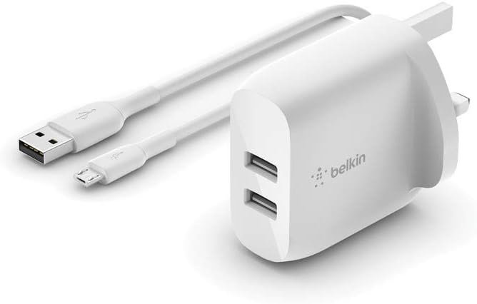 BELKIN DUAL USB 24W USB A TO MICRO USB CABLE WALL CHARGER WHITE WCE002MY1MWH