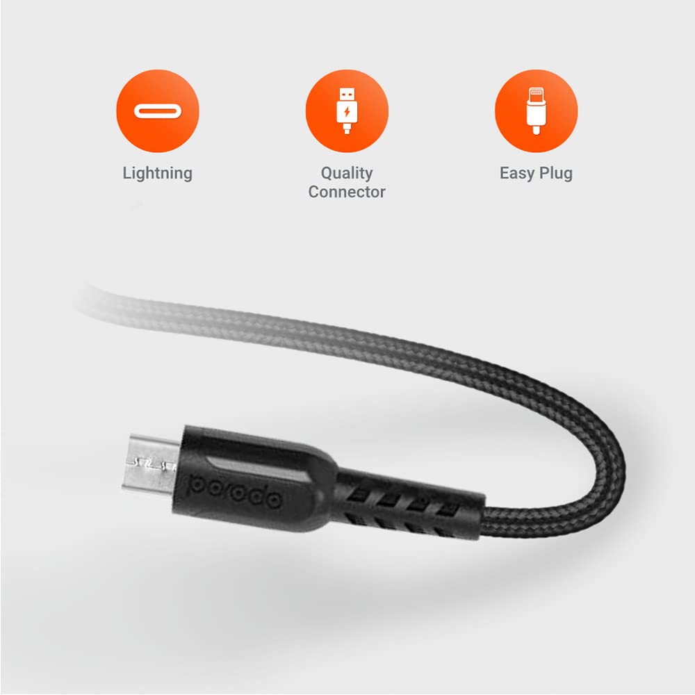 PORODO METTALIC CABLE BRAIDED 2A WITH MICRO USB CONNECTOR BLACK PD-MMETRP025-BK thumbnail 4