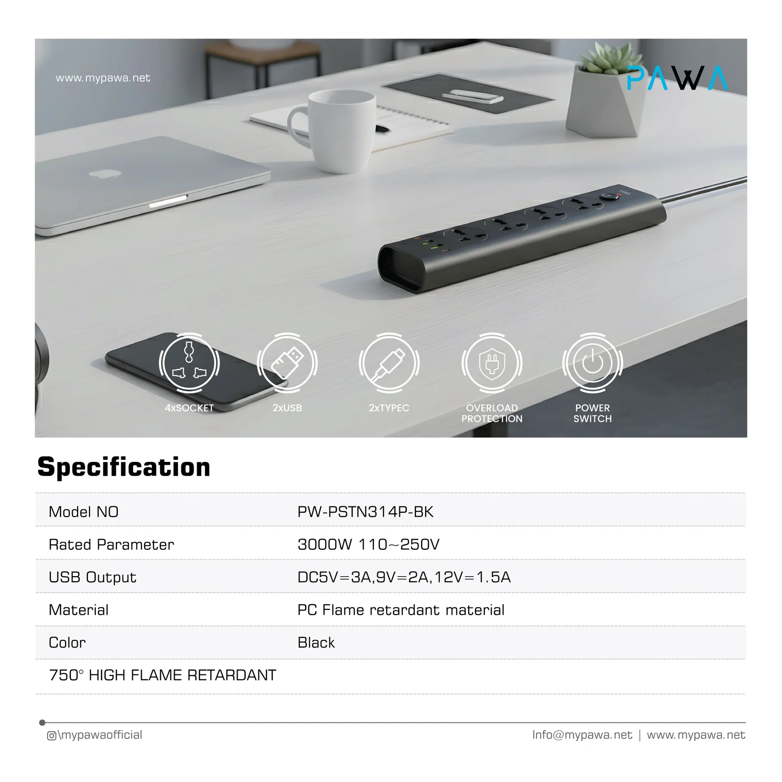 PAWA UNIVERSAL POWERSTRIP 3000W 3.1A MAX BLACK PW-PSTN314P-BK thumbnail 3