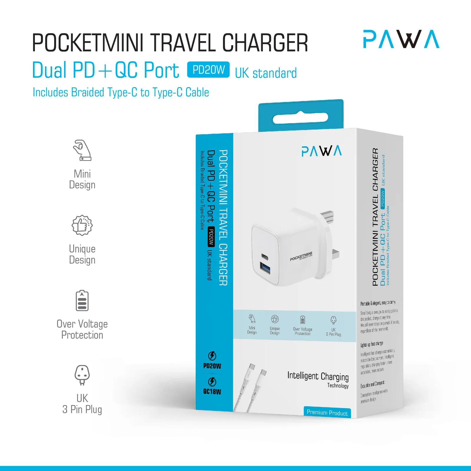 PAWA POCKETMINI TRAVEL CHARGER DUAL PD QC PORT PD20W WITH TYPE C CABLE WHITE PW-PM1U1PUKT-WH thumbnail 2