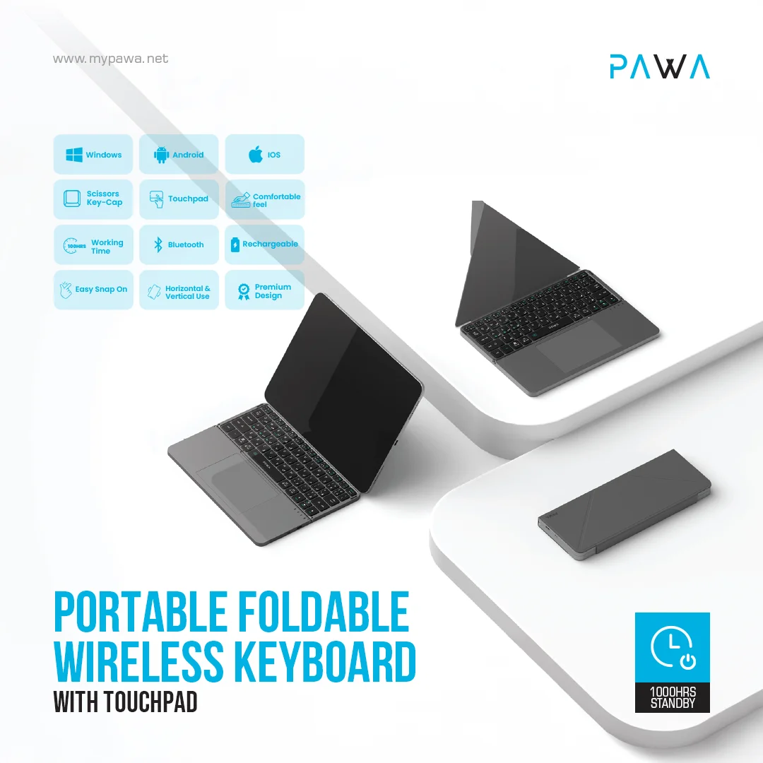 PAWA PORTABLE FOLDABLE WIRELESS KEYBOARD WITH TOUCHPAD GREY PW-PKW2T5F2-GY thumbnail 3