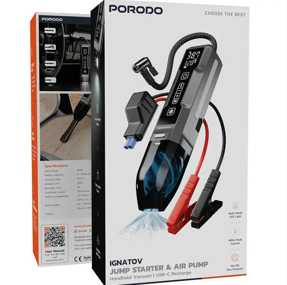 PORODO IGNATOV JUMP STARTER  AIR PUMP WITH HANDHELD VACCUM USB C RECHARGE BLACK PDJS41BK