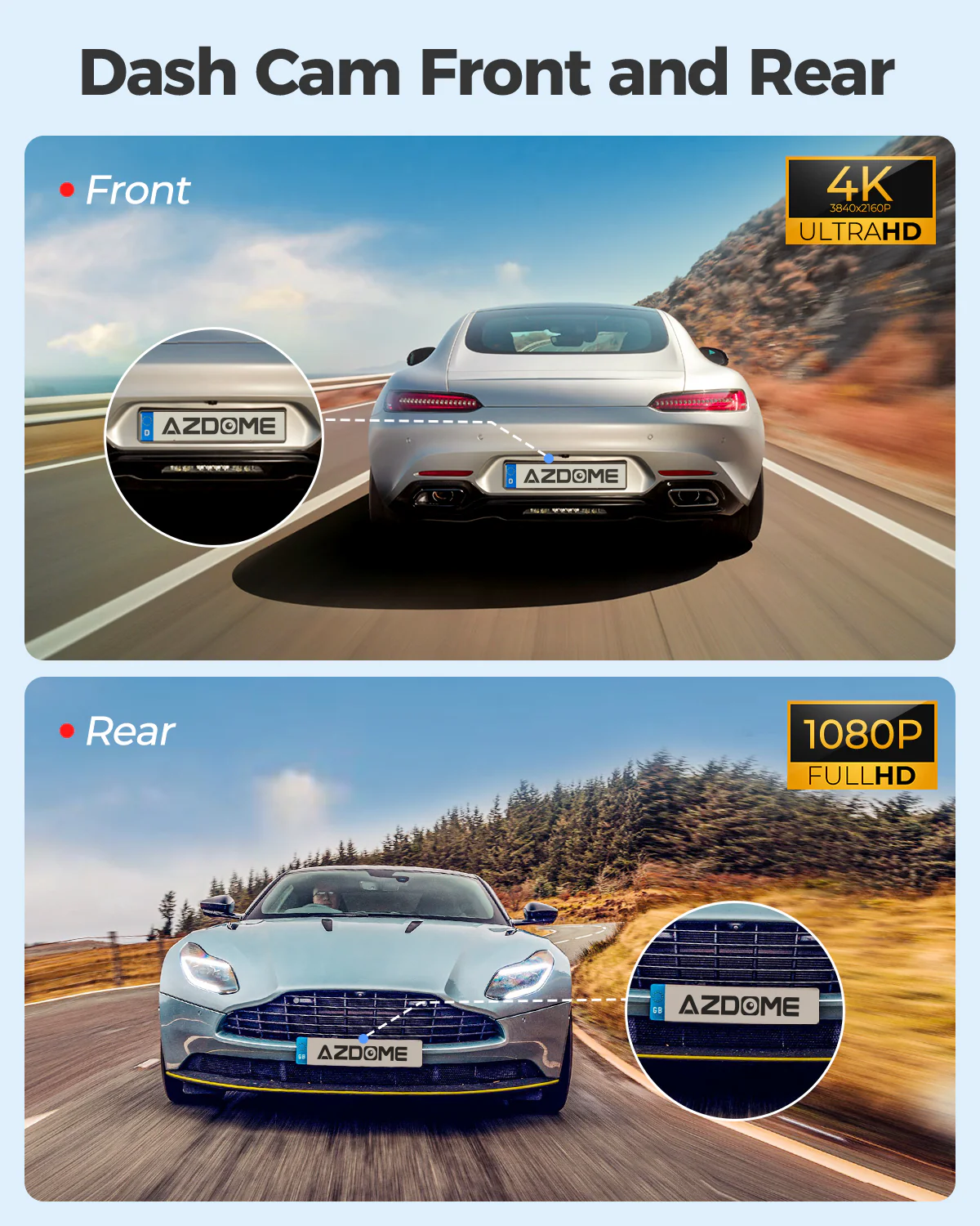AZDOME 4K Front and Rear Dash Camera Kit with 64GB Memory Card - M300S thumbnail 2