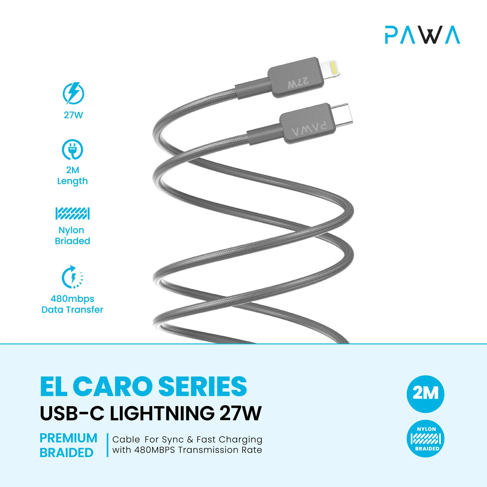 PAWA EL CARO SERIES USB C TO LIGHTNING 27W PREMIUM BRAIDED CABLE 2M GREY PW-20BD27CL-GY thumbnail 2