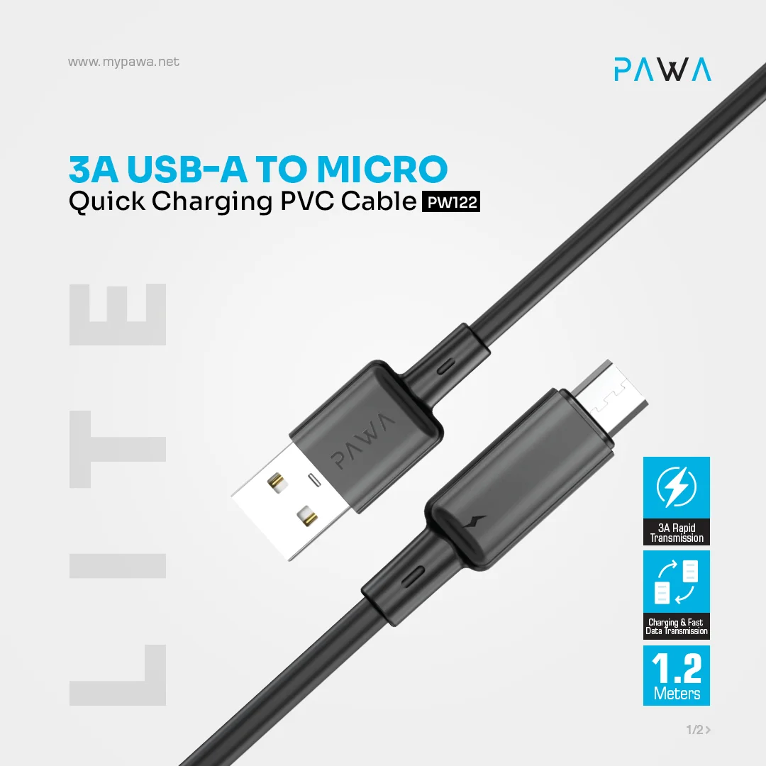 PAWA 3A USB A TO MICRO QUICK CHARGING PVC CABLE BLACK 1.2M PW-BDC312AM-BK thumbnail 3