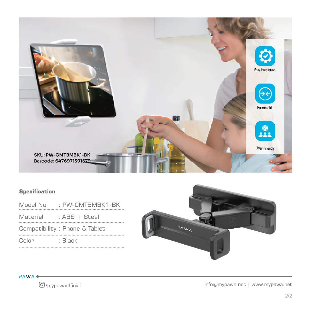 PAWA WALL RETRACTABLE TABLET STAND BLACK PW-CMTBMBK1-BK thumbnail 2