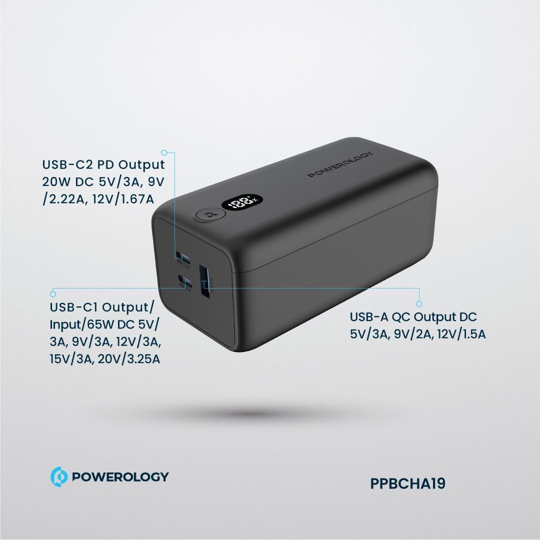 POWEROLOGY ONYX 20000 MAH PD 65W DUAL USB-C POWER BANK BLACK PPBCHA19 thumbnail 3