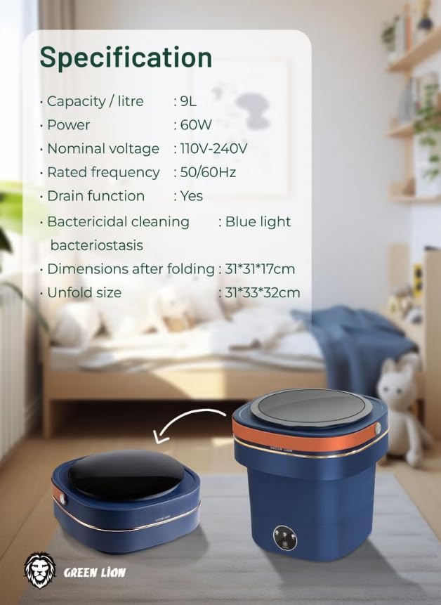 GREEN LION FOLDABLE MINI WASHING MACHINE 9L 60W BLUE GNMINIWM9LBL thumbnail 4