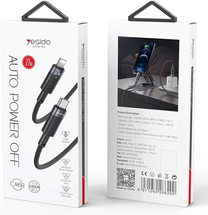 YESIDO 27W USB-C TO LIGHTNING AUTO DISCONNECTING CHARGING CABLE 1.2M BLACK CA159 thumbnail 7