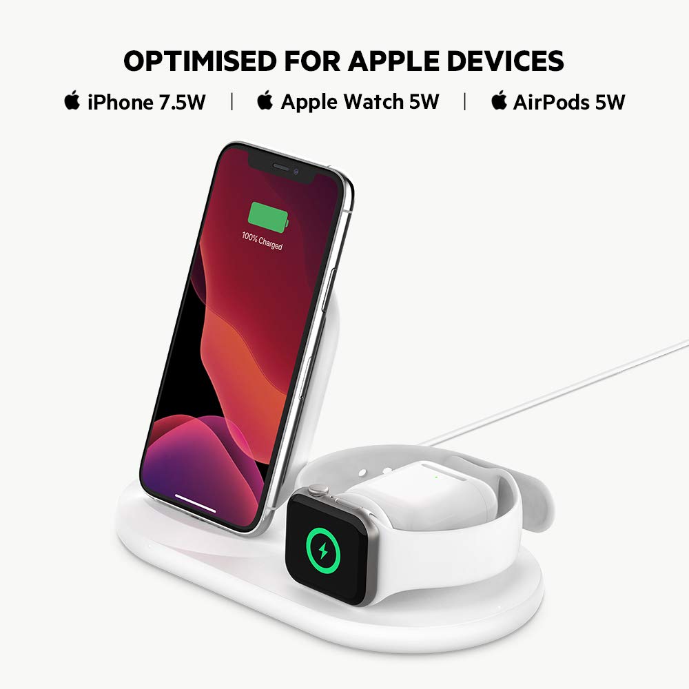 BELKIN 3 IN 1 WIRELESS CHARGER 7.5W IPHONE/WATCH/AIRPODS WIZ001MYWH thumbnail 3