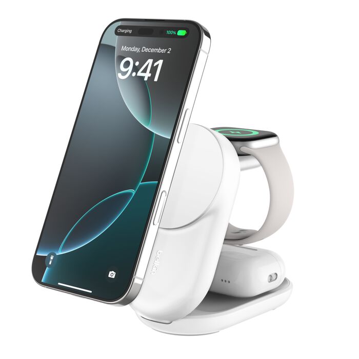 BELKIN ULTRA CHARGE QI2 25W 3 IN 1 FOLDABLE MAGNETIC CHARGER WHITE WIZ037MYWH