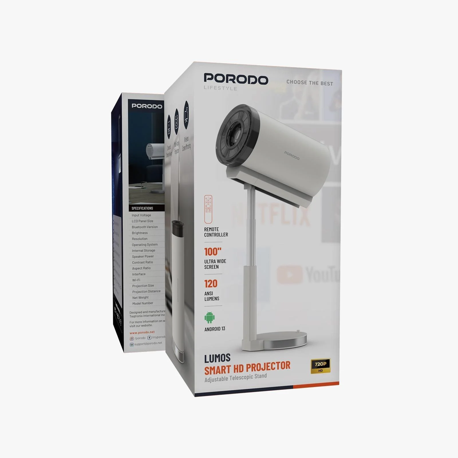 PORODO LUMOS SMART HD PROJECTOR WHITE PDTS7WH