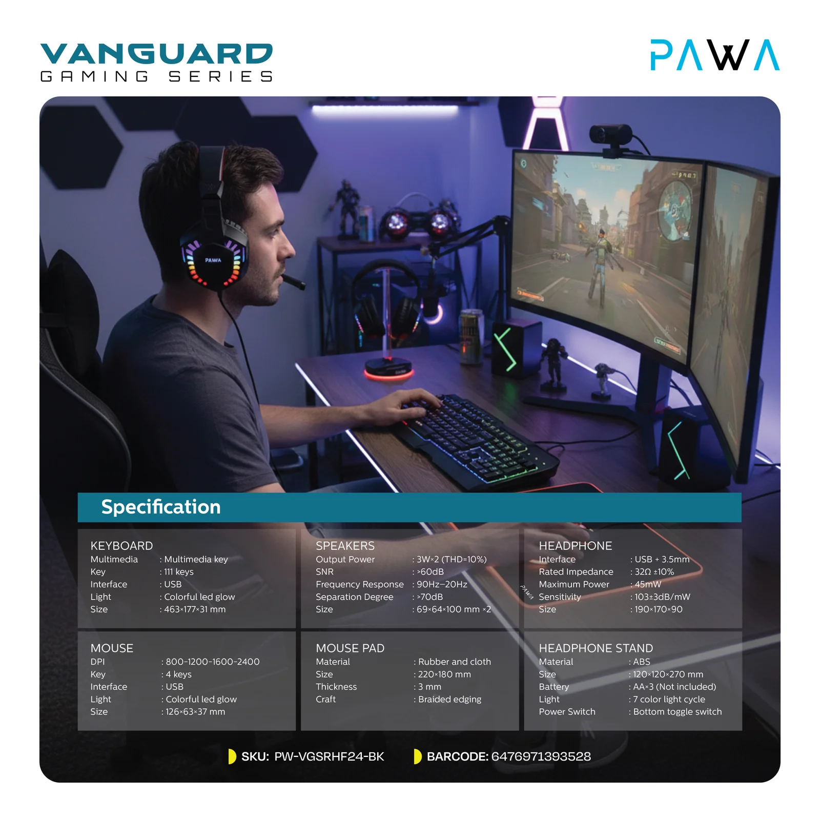 PAWA VANGUARD GAMING SERIES 6 IN 1 ULTIMATE GAMING KIT BLACK PW-VGSCMB66-BK thumbnail 3