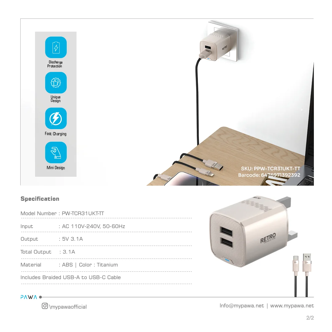 PAWA RETRO 3.1A DUAL USB UK CHARGER WITH USB A  TO USB-C CABLE TITANIUM PW-TCR31UKT-TT thumbnail 4