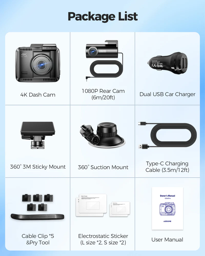 AZDOME Front and Rear Dash Camera Kit with 4K, Super Night Vision, 128GB eMMC - GS63 Pro thumbnail 3