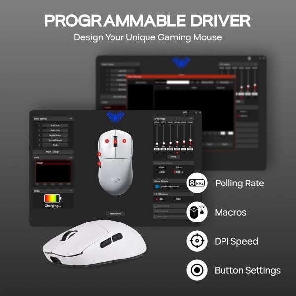AULA ERGONOMIC TRI MODE WIRELESS GAMING MOUSE 26000 DPI WITH PAW3395 SENSOR SC900 PRO WHITE thumbnail 6