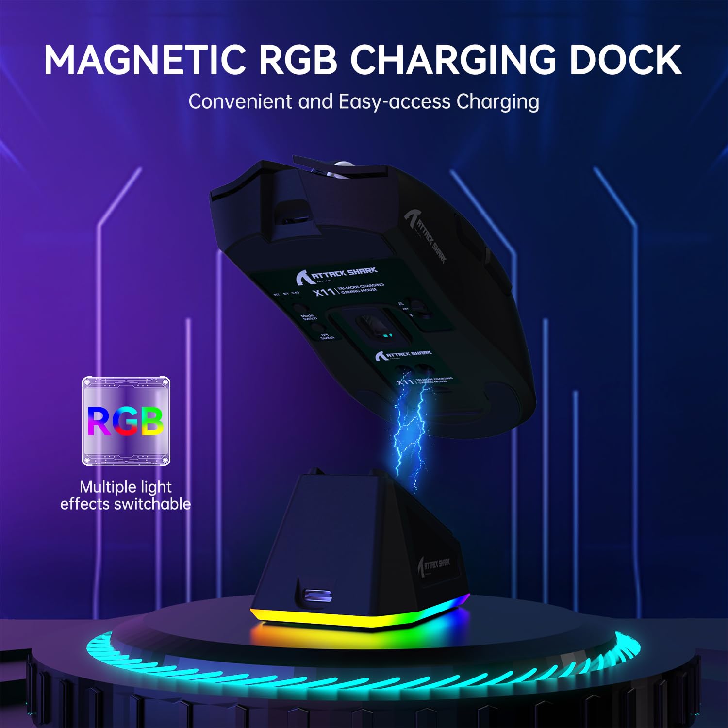 ATTACK SHARK LIGHTWEIGHT WIRELESS GAMING MOUSE WITH RGB CHARGING DOCK BLACK X11 thumbnail 4