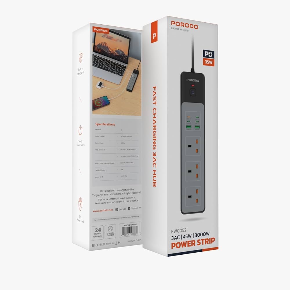 PORODO 3000W 5AC UNIVERSAL POWER STRIP WITH 9 USB 6C+3A BLACK PDFWCH098BK