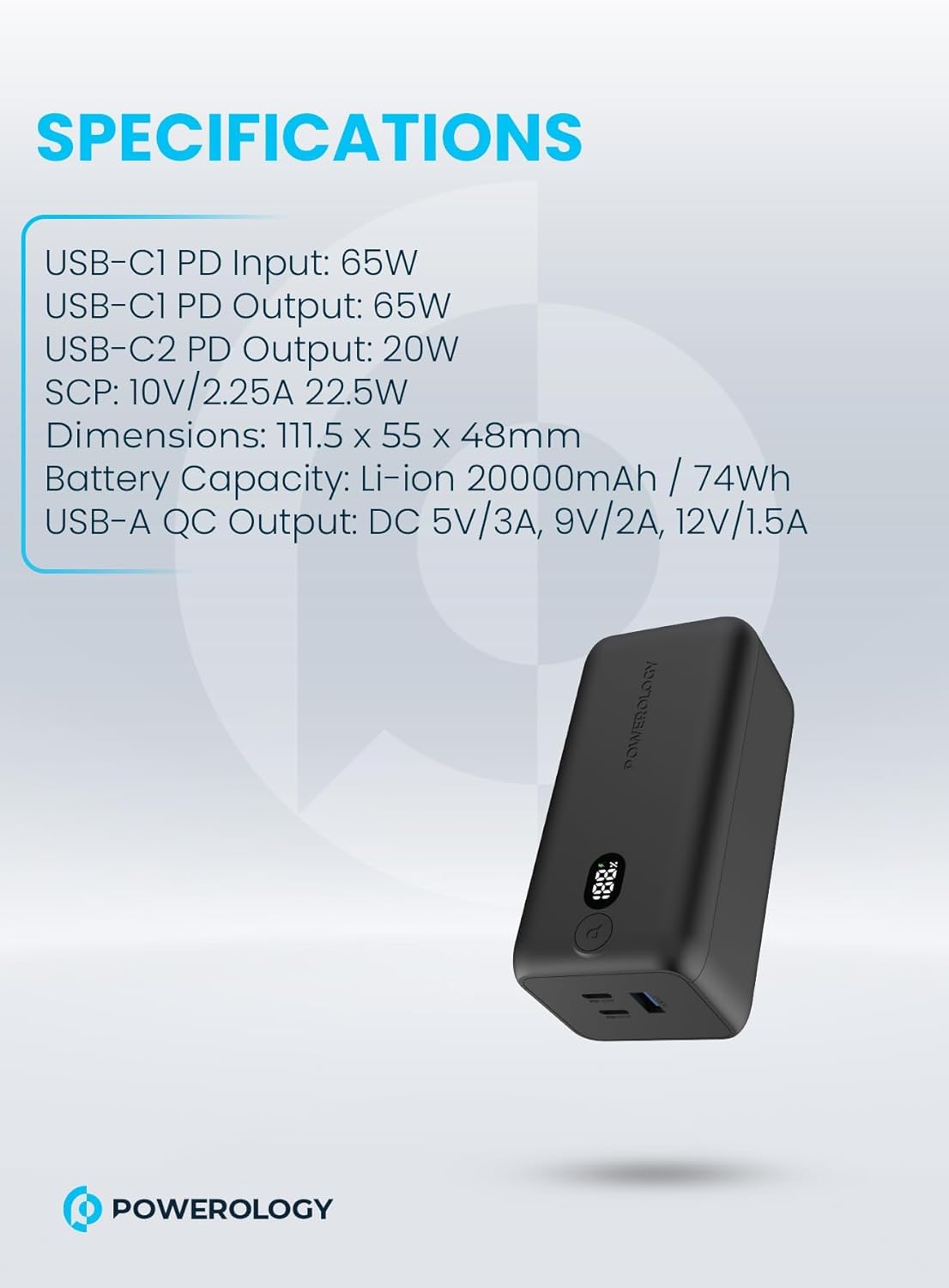 POWEROLOGY ONYX 20000 MAH PD 65W DUAL USB-C POWER BANK BLACK PPBCHA19 thumbnail 4