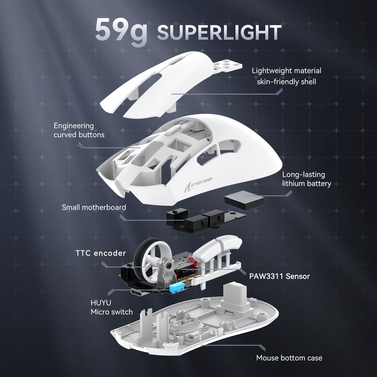 ATTACK SHARK R1 SUPERLIGHT WIRELESS GAMING MOUSE WHITE thumbnail 5