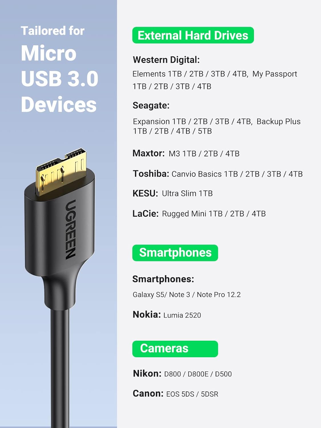 UGREEN USB 3.0 A MALE TO MICRO USB 3.0 MALE CABLE BLACK 2MM 10843 thumbnail 8
