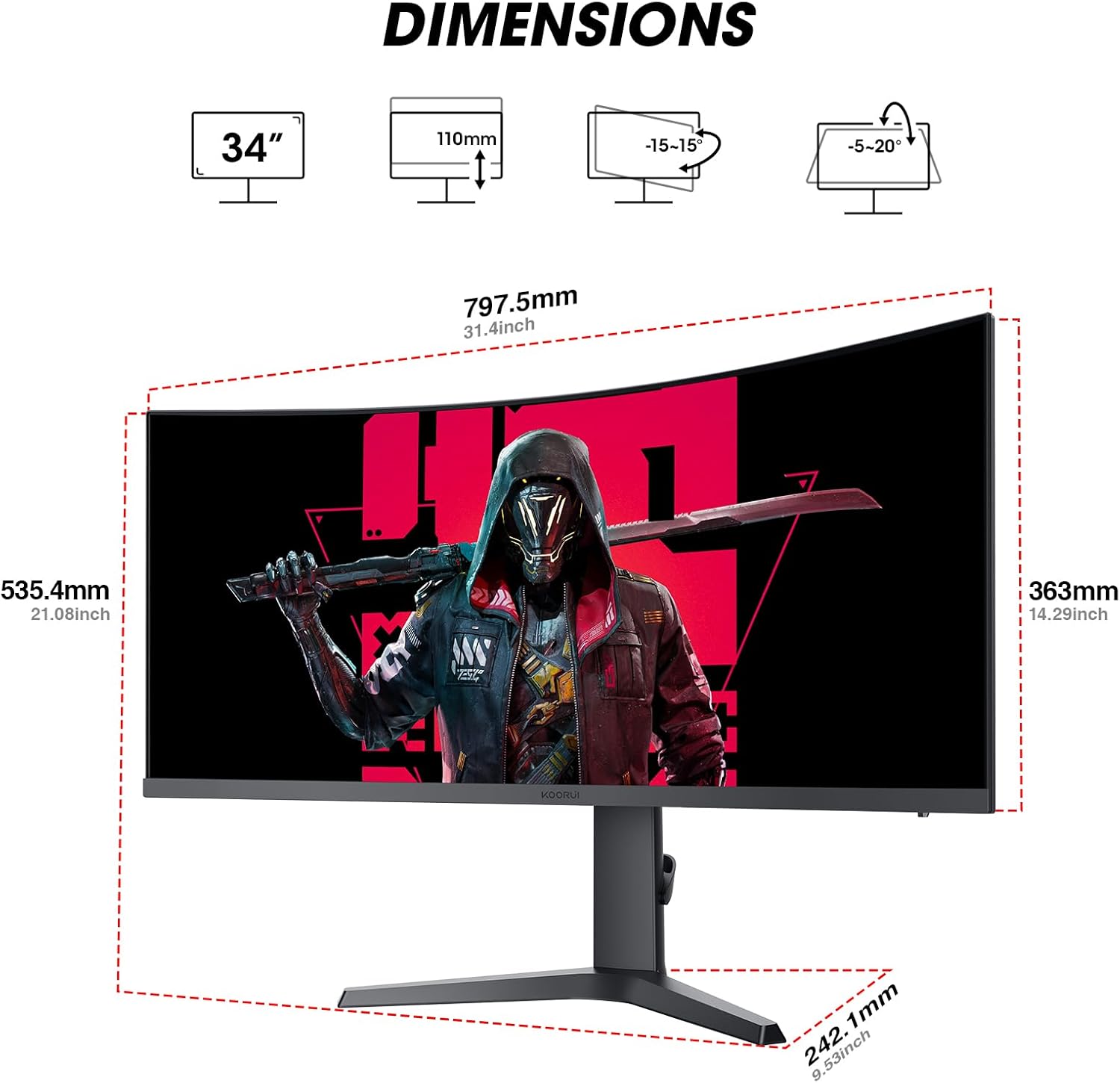 KOORUI 34 INCH UHD 3440X1440 240HZ 1MS VA PANEL GAMING MONITOR G3441XC thumbnail 8