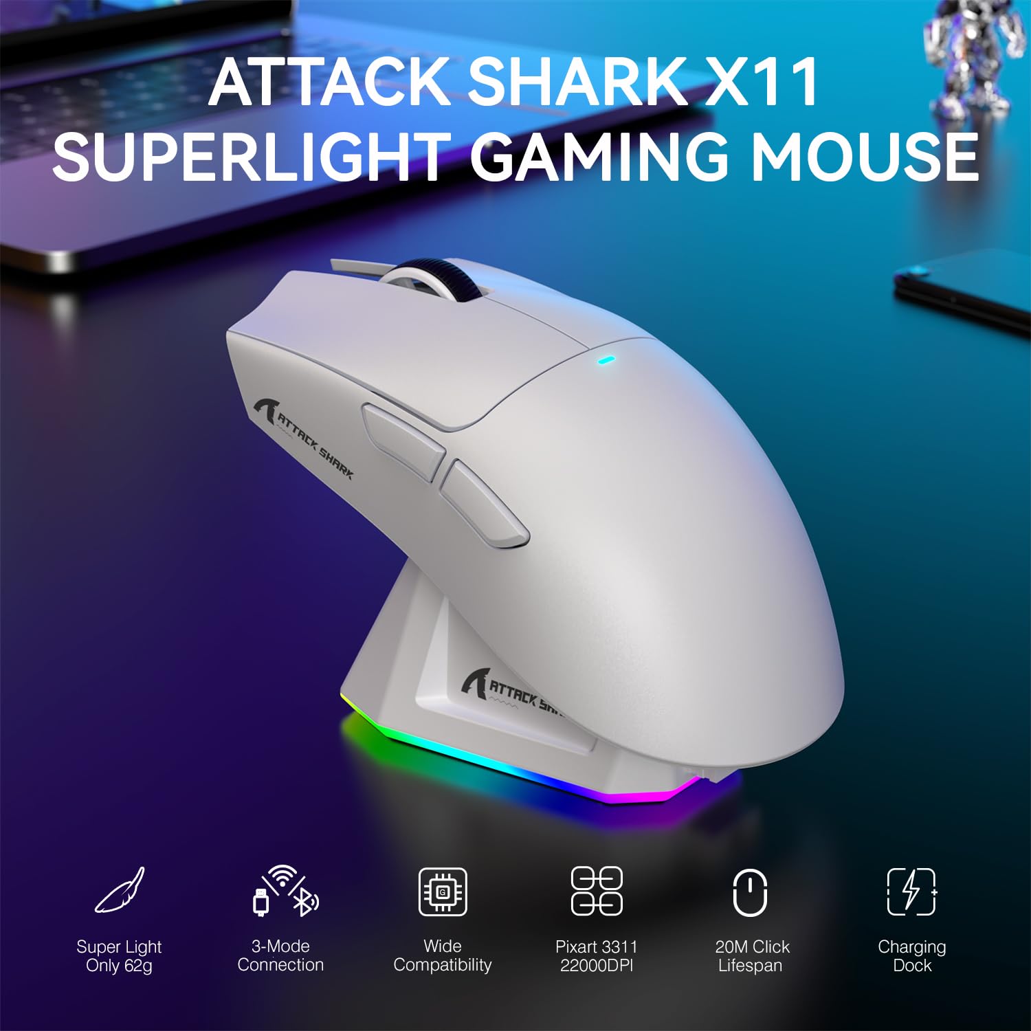 ATTACK SHARK LIGHTWEIGHT WIRELESS GAMING MOUSE WITH RGB CHARGING DOCK WHITE X11 thumbnail 3