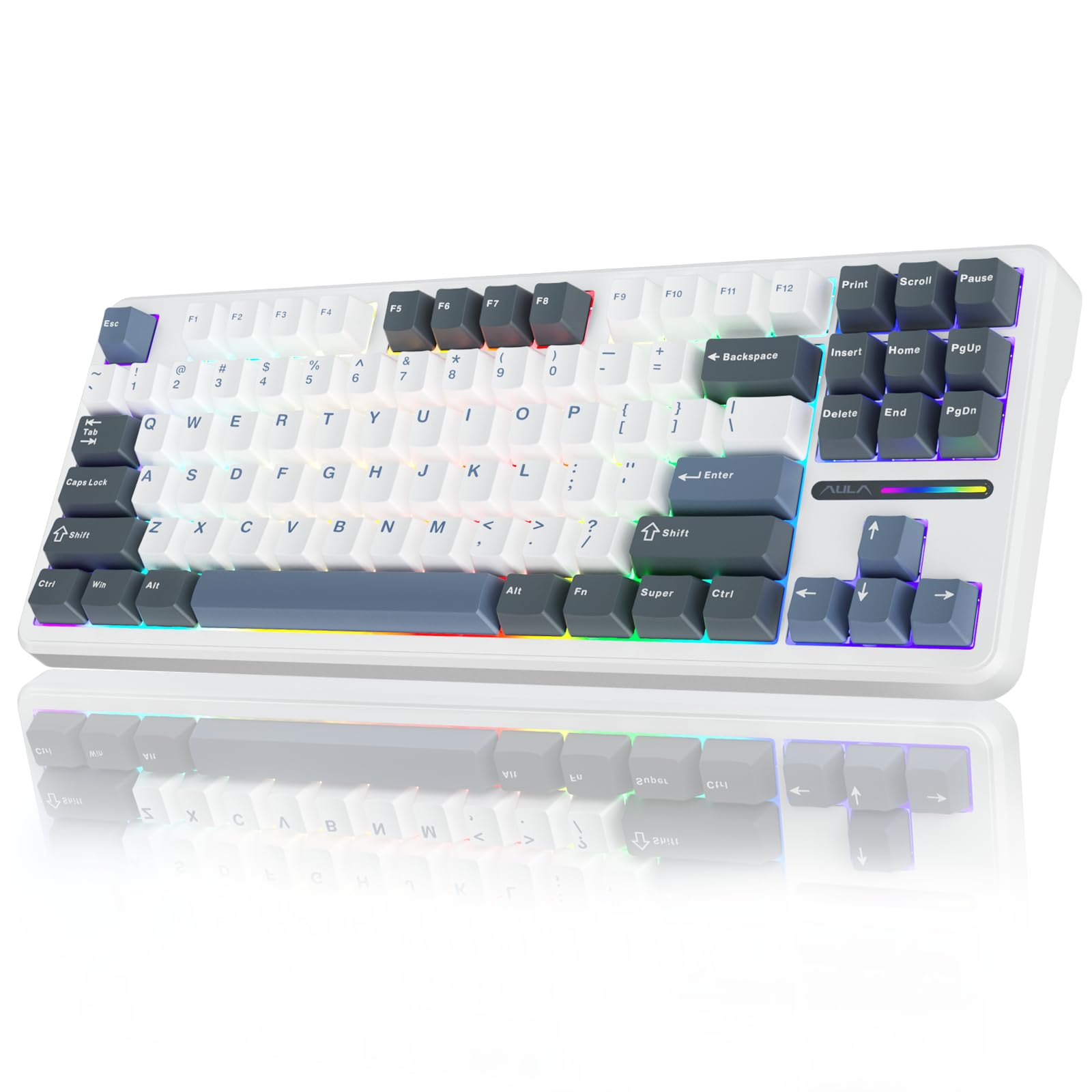 AULA 87 KEYS RGB 80% MECHANICAL GAMING KEYBOARD TRI-MODE GRAYWOOD V4 SWITCH LTGRY-WHT-BL F87 PRO