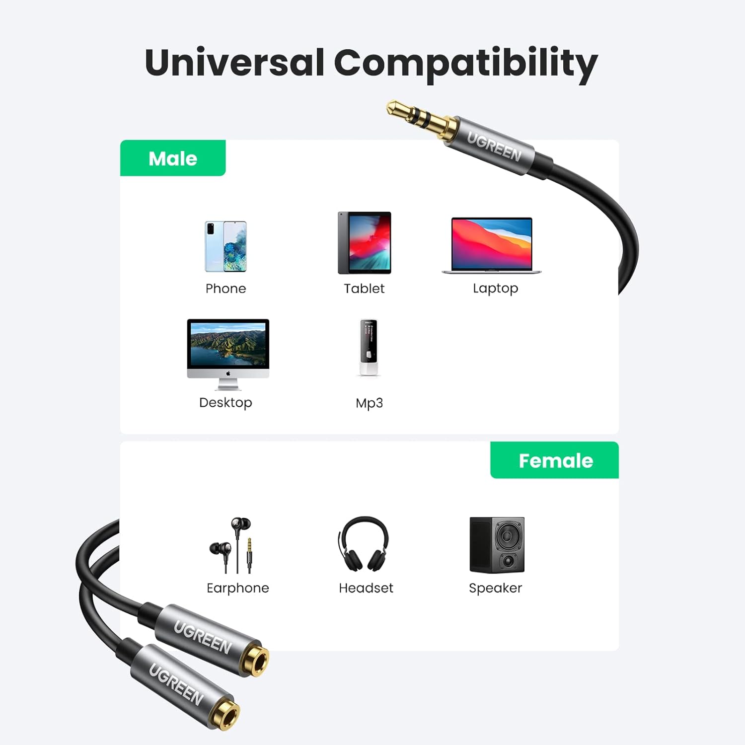 UGREEN 3.5MM AUX STEREO AUDIO SPLITTER CABLE WITH BRAID 20CM BLACK 10532 thumbnail 6