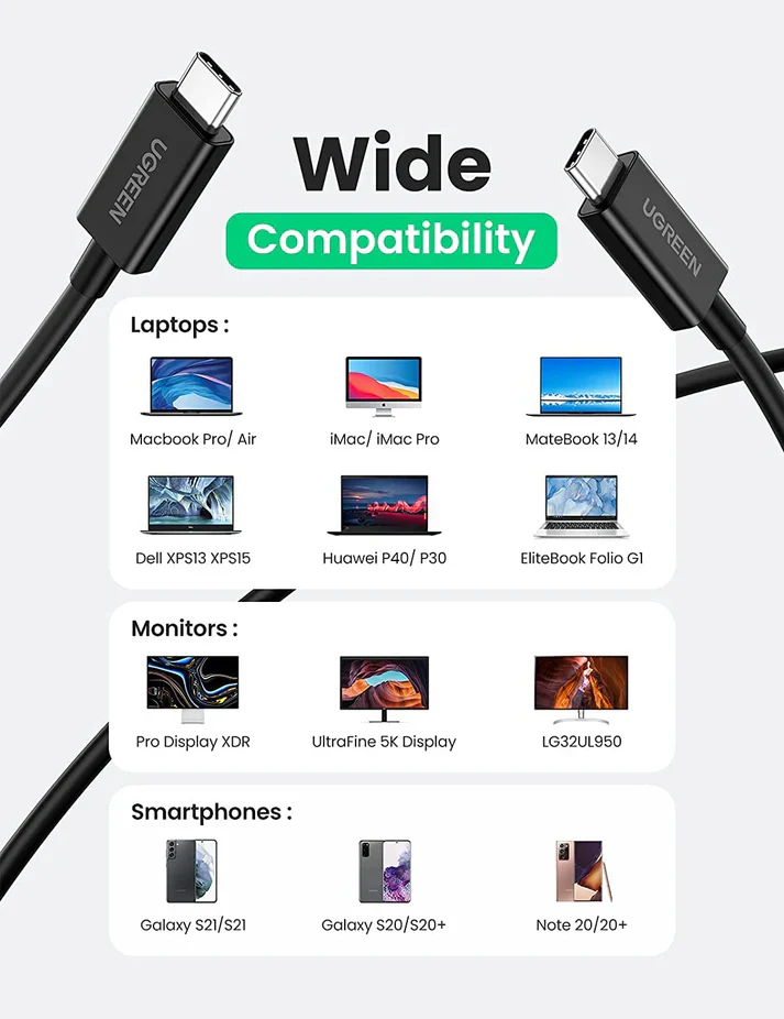 UGREEN USB-C TO USB-C THUNDERBOLT 4 CABLE 0.8M BLACK 30389 thumbnail 3