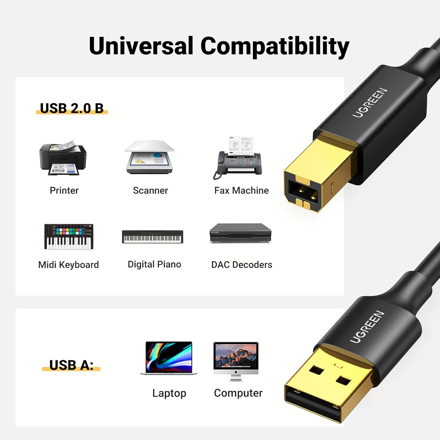 UGREEN USB 2.0 PRINTER SCANNER CABLE 1.5M BLACK US135 thumbnail 3