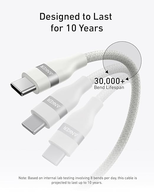 ANKER USB C TO USB C 240W UPCYCLED BRAIDED 3FT CABLE WHITE A82E2H21 thumbnail 5
