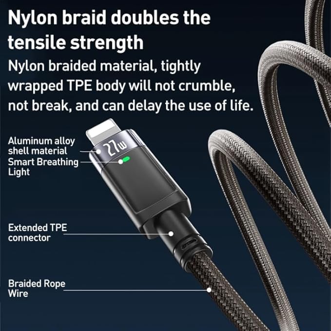 YESIDO 27W USB-C TO LIGHTNING AUTO DISCONNECTING CHARGING CABLE 1.2M BLACK CA159 thumbnail 4