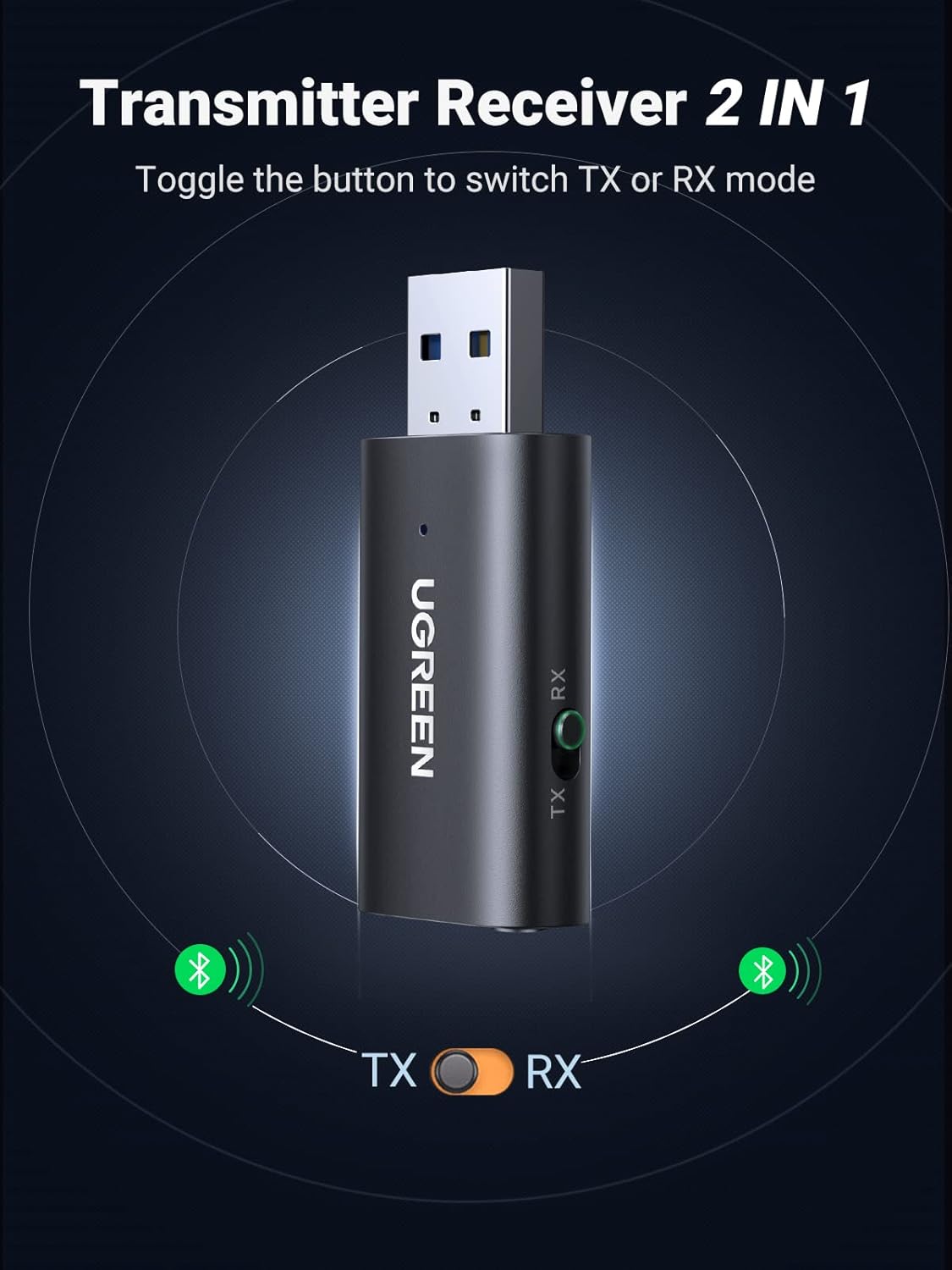 UGREEN USB 2.0 TO 3.5MM BLUETOOTH TRANSMITTER/RECEIVER ADAPTER WITH AUDIO CABLE 60300 thumbnail 3