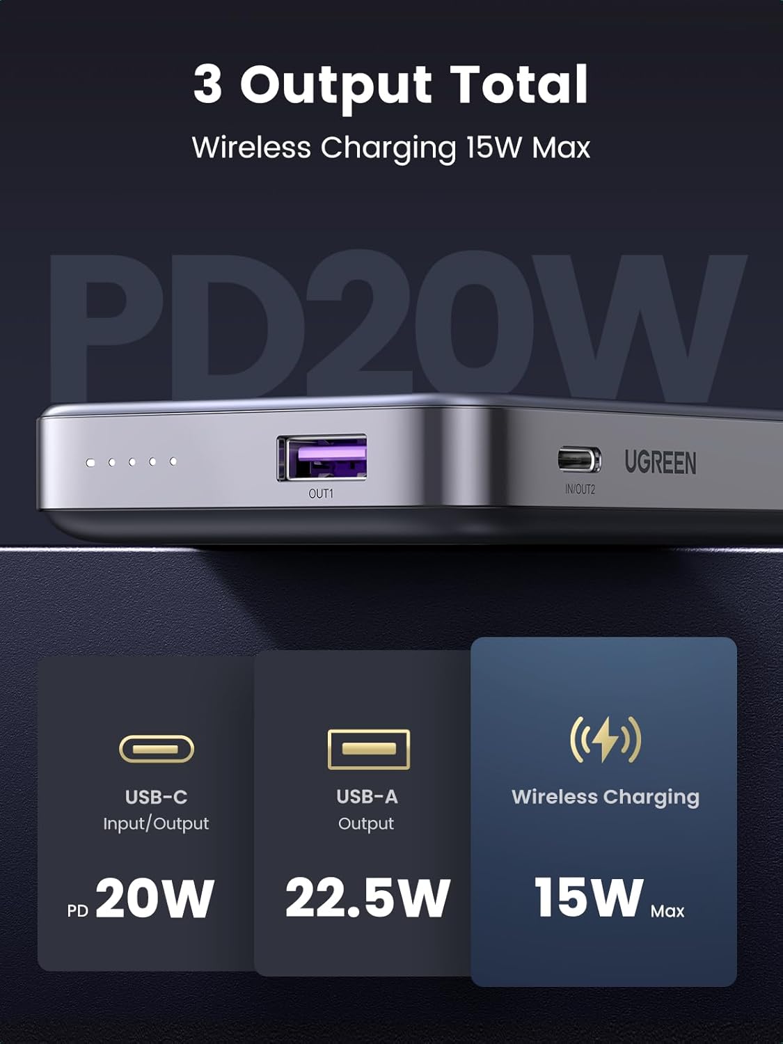 UGREEN MAGNETIC WIRELESS POWER BANK 10000MAH SPACE GRAY PB206 thumbnail 4