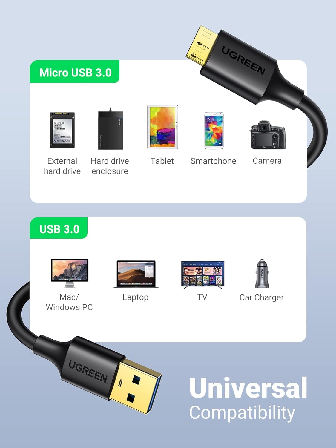 UGREEN USB 3.0 A MALE TO MICRO USB 3.0 MALE CABLE BLACK 2MM 10843 thumbnail 3