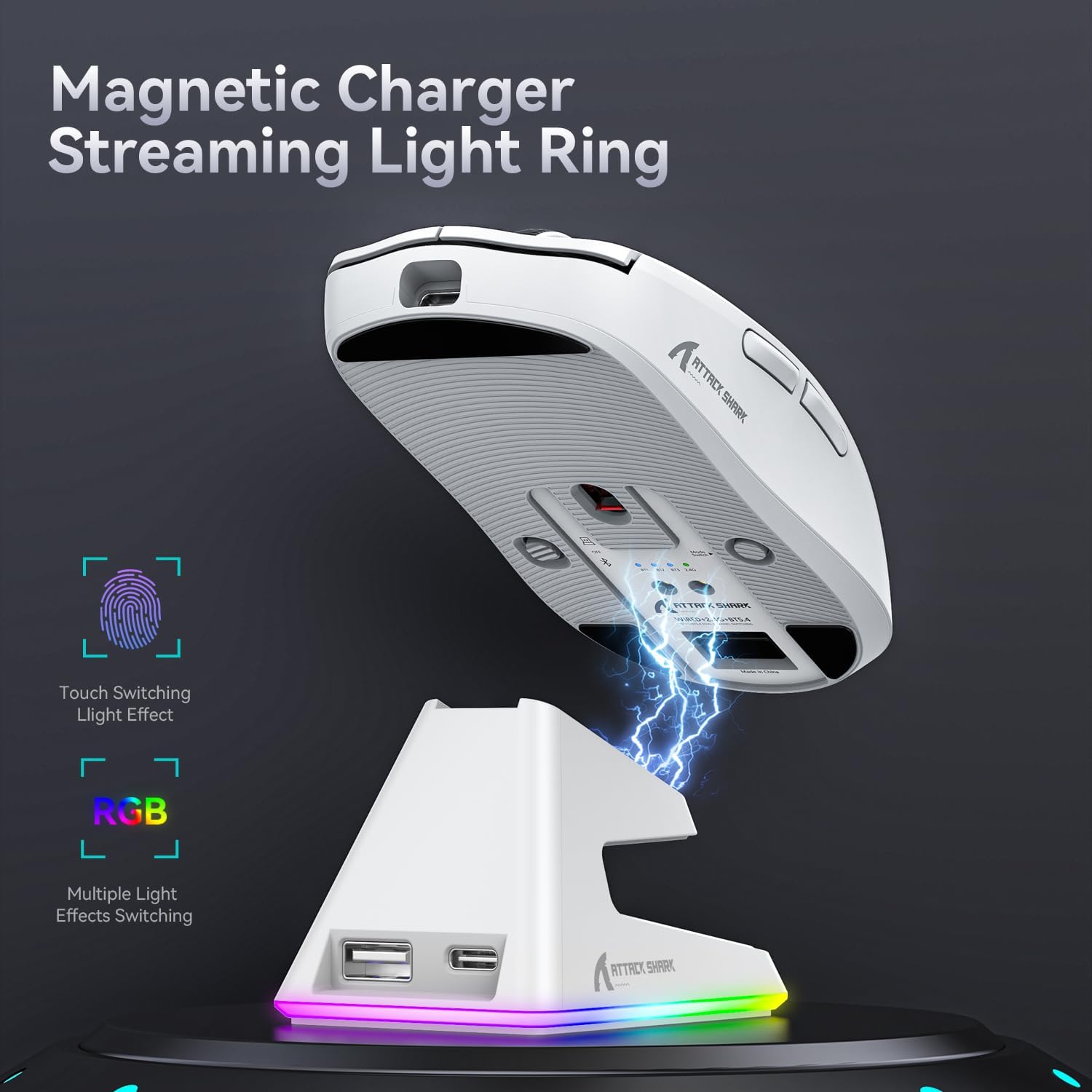 ATTACK SHARK X6 LIGHTWEIGHT WIRELESS GAMING MOUSE WITH RGB CHARGING DOCK WHITE PAW-3395 thumbnail 5
