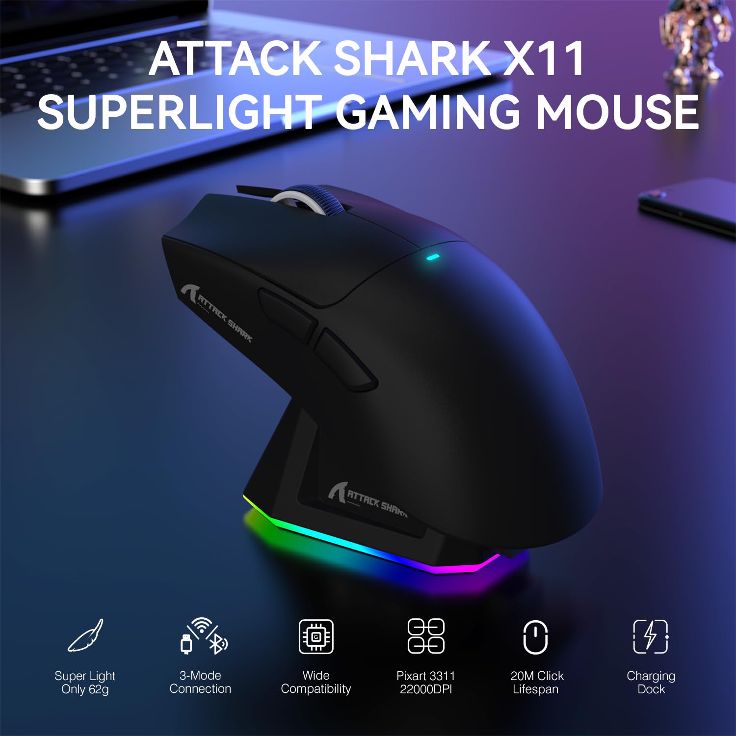 ATTACK SHARK LIGHTWEIGHT WIRELESS GAMING MOUSE WITH RGB CHARGING DOCK BLACK X11 thumbnail 3