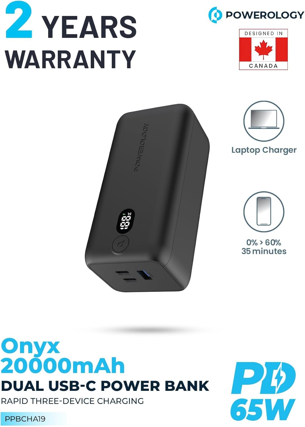 POWEROLOGY ONYX 20000 MAH PD 65W DUAL USB-C POWER BANK BLACK PPBCHA19 thumbnail 2