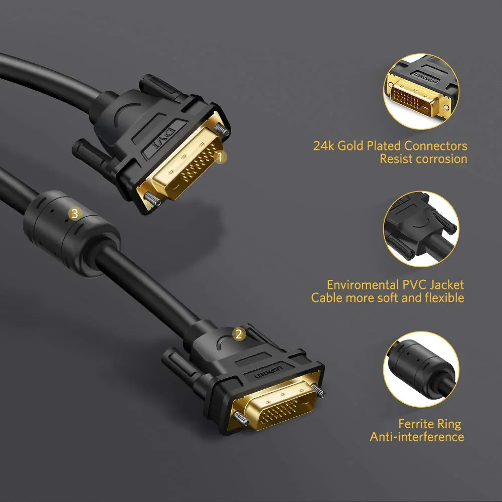 UGREEN DVI (24+1) MALE TO MALE CABLE GOLD PLATED 2M BLACK 11604 thumbnail 4