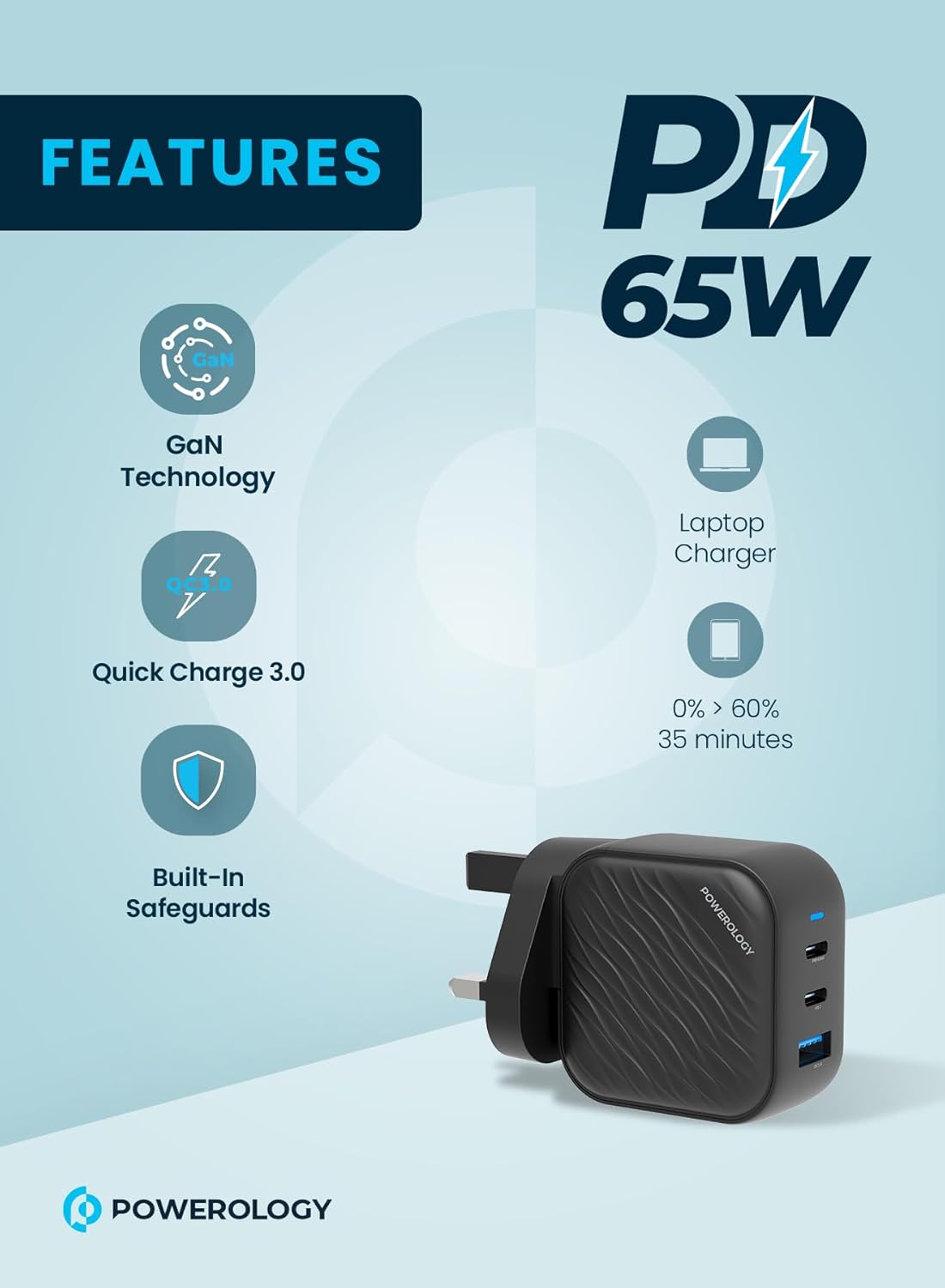 POWEROLOGY GAN DUAL USB C WALL CHARGER PD 45W PWCUQC035 thumbnail 3